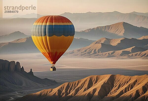 A hot air balloon soars above a desert landscape with mountains in the early morning light  AI generated