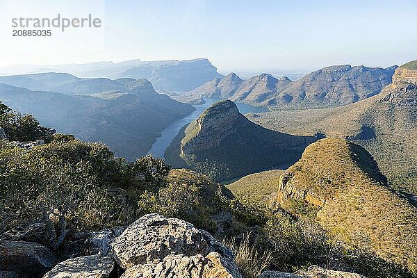 Blyde River Canyon with Three Rondawels peak  view of canyon with Blyde River and Table Mountains  canyon landscape in the evening light  Three Rondavels Viewpoint  Panorama Route  Mpumalanga  South Africa  Africa