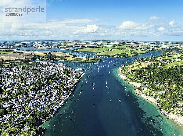 Salcombe and Mill Bay over Kingsbridge Estuary from a drone  Batson Creek  Southpool Creek  Devon  England  United Kingdom  Europe