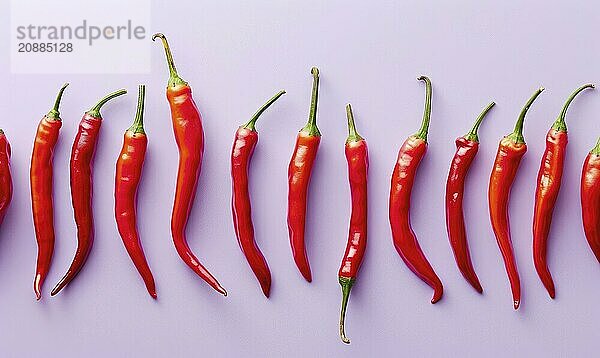 Top view of hot peppers scattered on a purple background AI generated