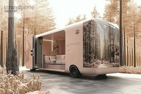 The pink modern caravan with glass doors set in the forest offers a luxurious and open interior  AI generated