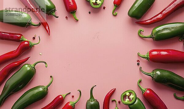 Top view of colorful peppers on a pink background AI generated