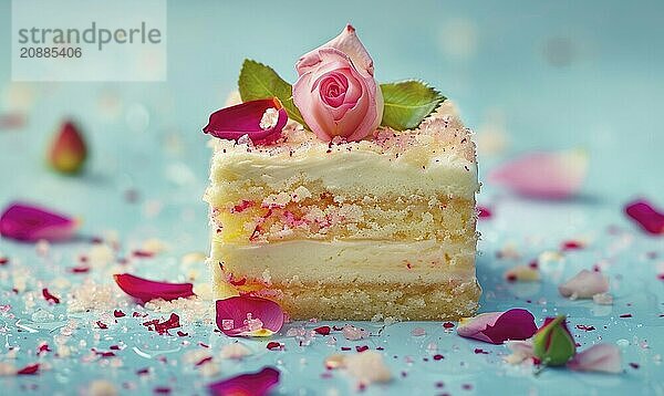 Rosewater honey cake with rose petal garnish on a light blue background AI generated