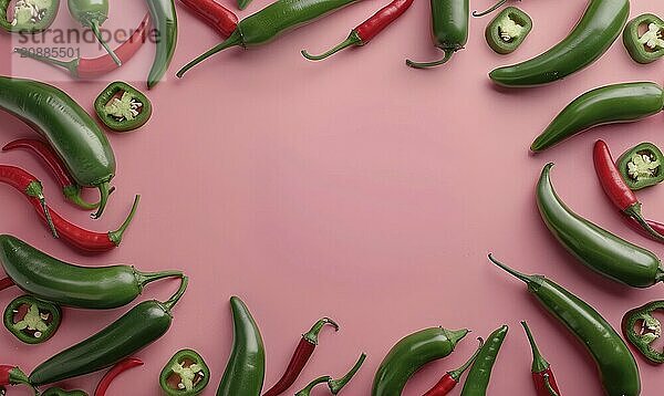 Top view of colorful peppers on a pink background AI generated