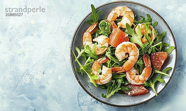 Shrimp and grapefruit salad with arugula on a light blue background AI generated