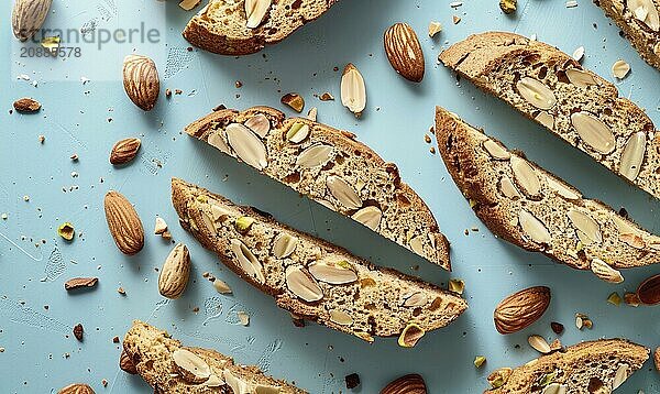 Pistachio biscotti with almond slices on a light blue background AI generated