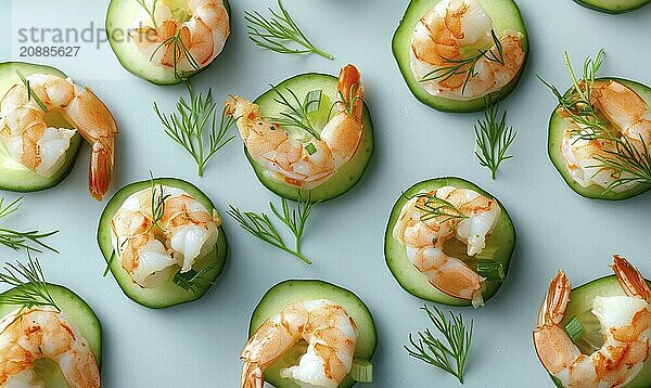 Shrimp and cucumber bites with dill on a light blue background AI generated