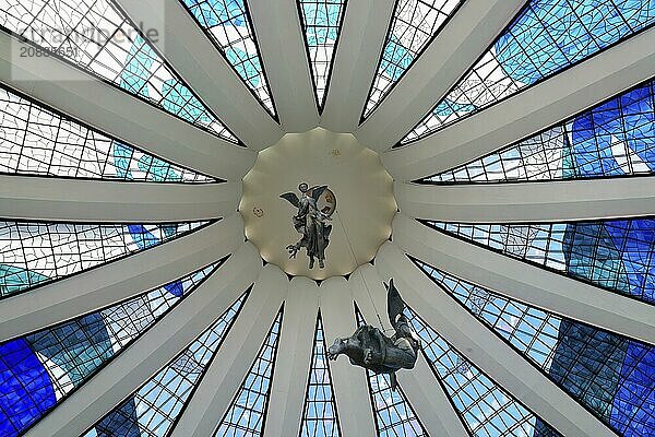 Angels hanging from the stained-glass ceiling  Roman Cathedral of Brasilia or Metropolitan Cathedral of Our Lady of Aparecida  designed by Oscar Niemeyer  World Heritage Site  Brasilia  Federal district  Brazil  South America