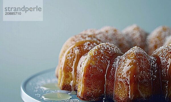 Lemon and coffee bundt cake with glaze on a light blue background AI generated