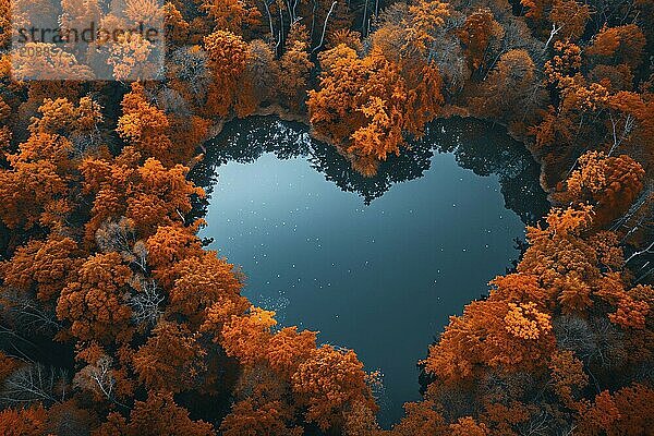 Heart shaped lake in middle of colorful autumn forest. Generative Ai  AI generated