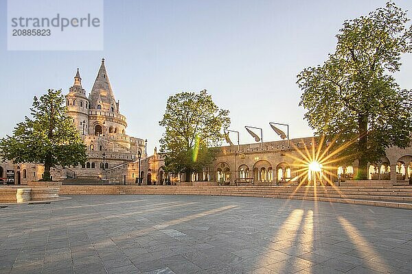 Old historic fortress and church at sunrise. City panorama at dusk. View of the Danube Fishermens Bastion  Halászbástya  Budapest  Hungary  Europe