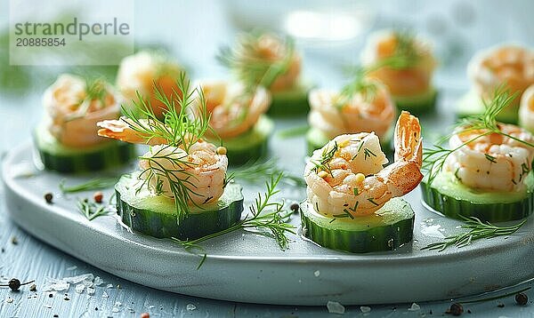 Shrimp and cucumber bites with dill on a light blue background AI generated