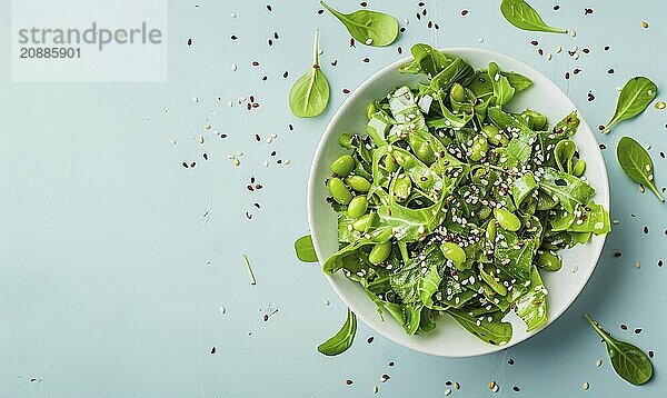 Edamame and seaweed salad with sesame seeds on a light blue background AI generated