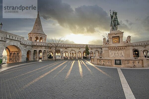 Old historic fortress and church at sunrise. City panorama at dusk. View of the Danube Fishermens Bastion  Halászbástya  Budapest  Hungary  Europe