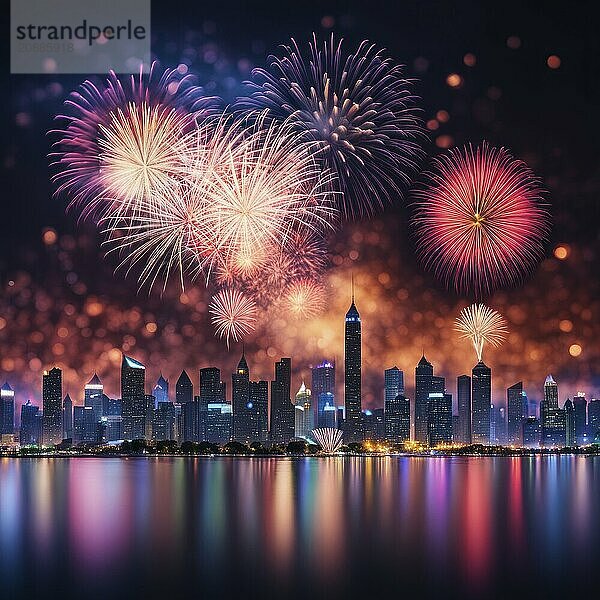 Fireworks explode over a nighttime city skyline  their colors reflecting beautifully on the water  AI generated