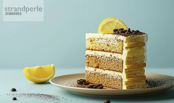 Lemon and coffee mousse cake with layers on a light blue background AI generated