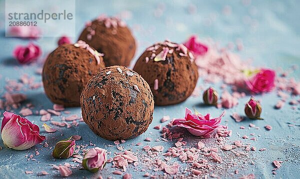 Rose-flavored truffles with cocoa coating on a light blue background AI generated