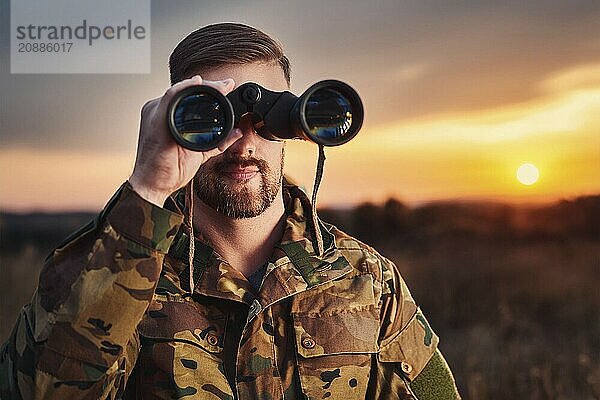 Man in camouflage clothing watches the sunset with binoculars in a quiet natural environment  AI generated  AI generated