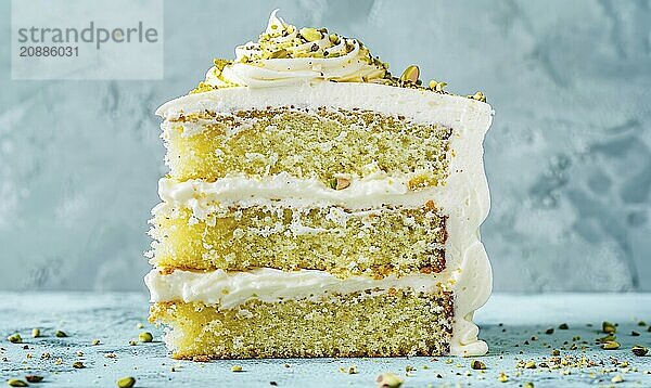 Pistachio cake with buttercream frosting on a light blue background AI generated