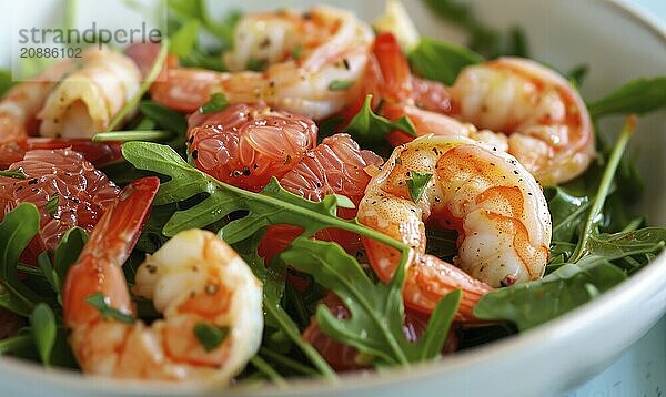 Shrimp and grapefruit salad with arugula on a light blue background AI generated