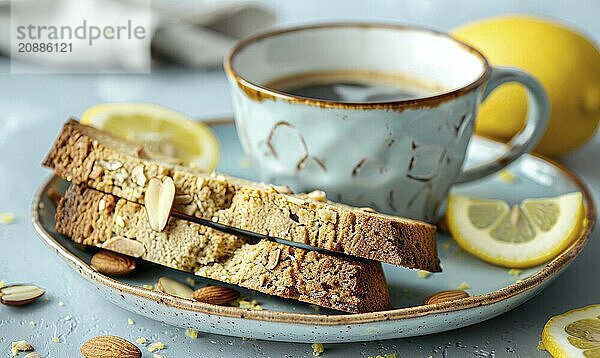 Lemon and almond biscotti with a cup of espresso on a light blue background AI generated