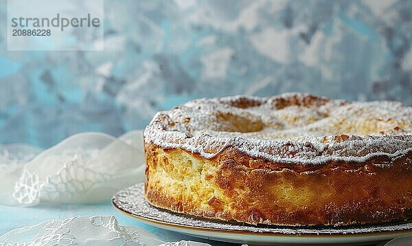 Italian torta di riso on a light blue background  rich AI generated