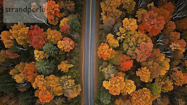 Aerial perspective of an autumn forest with leaves in varying shades of amber red and yellow  AI generated