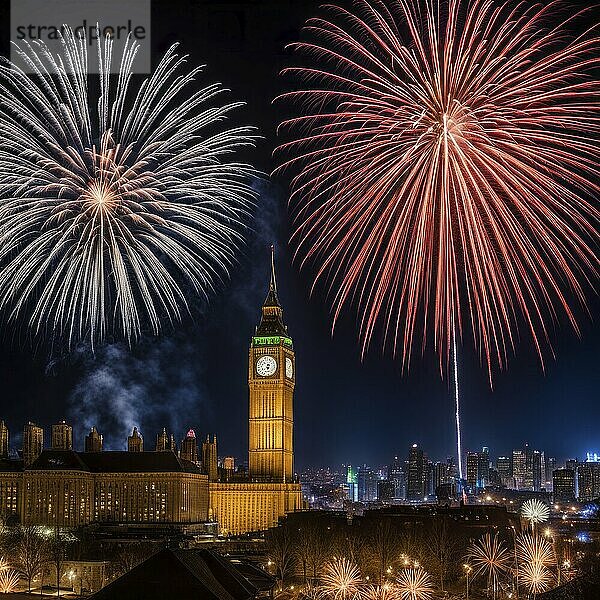 Colorful fireworks burst over a famous landmark in a city at night  AI generated