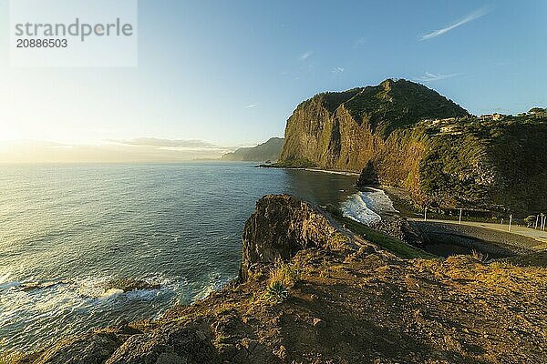 Penha dAguia Mountain  Faial Town and Atlantic Ocean in the Morning. Guindaste Viewpoint. Madeira  Portugal  Europe