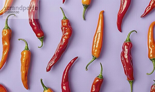 Top view of hot peppers scattered on a purple background AI generated