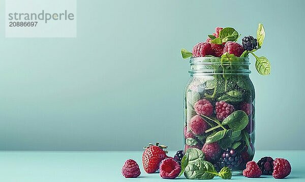 Berry and spinach smoothie in a glass jar on a light blue background AI generated