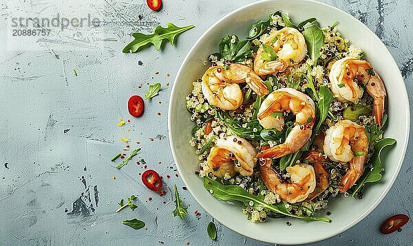 Shrimp and quinoa salad with citrus dressing on a light blue background AI generated