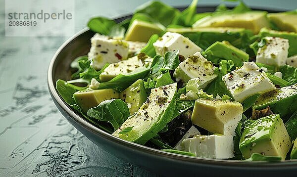 Avocado and feta cheese salad on a light blue background AI generated