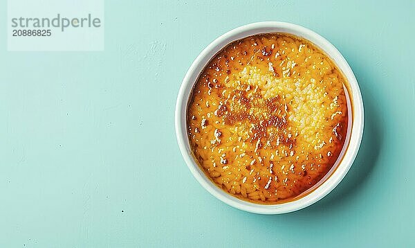 Spanish arroz con leche with caramel on a light blue background AI generated