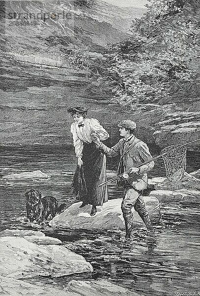 A man helps a woman to cross a river  accompanied by a dog  Cavalier  Historical  digitally restored reproduction from a 19th century original  Record date not stated