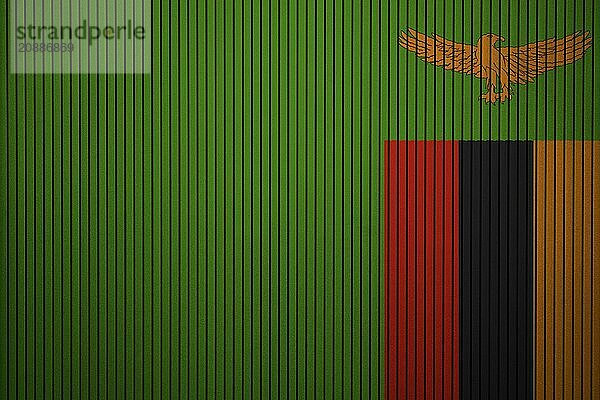 A flag with green background and vertical red  black  and orange stripes on the right side  topped with an eagle  Zambia Flag