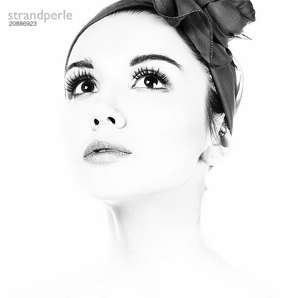 Pretty woman. Black and white photography. Isolated on white