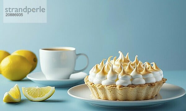 Lemon meringue pie with a cup of coffee on a light blue background AI generated