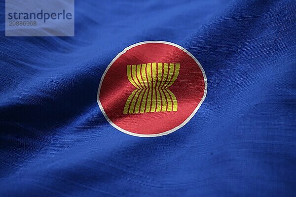 Closeup of Ruffled Association of Southeast Asian Nations Flag  ASEAN Flag Blowing in Wind