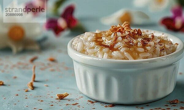 Spanish arroz con leche with caramel on a light blue background AI generated