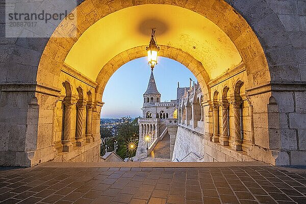 Old historic fortress and church at sunrise. City panorama at dusk. View of the Danube Fishermens Bastion  Halászbástya  Budapest  Hungary  Europe