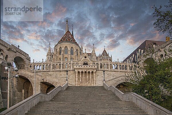 Old historic fortress and church at sunrise. City panorama at dusk. View of the Danube Fishermens Bastion  Halászbástya  Budapest  Hungary  Europe