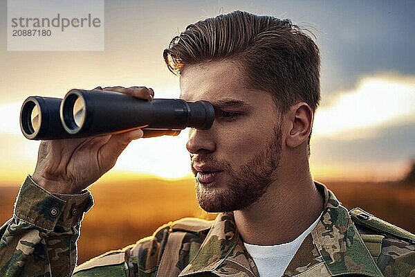 Young man in military uniform looking through binoculars during sunset in a natural environment  AI generated  AI generated