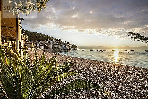 Beautiful historic skyline of a village on the Mediterranean  taken in the morning at sunrise on the beach and by the sea. Dreamlike harbour landscape in Mošcenicka Draga  Moscenicka Draga  Istria  Croatia  Europe