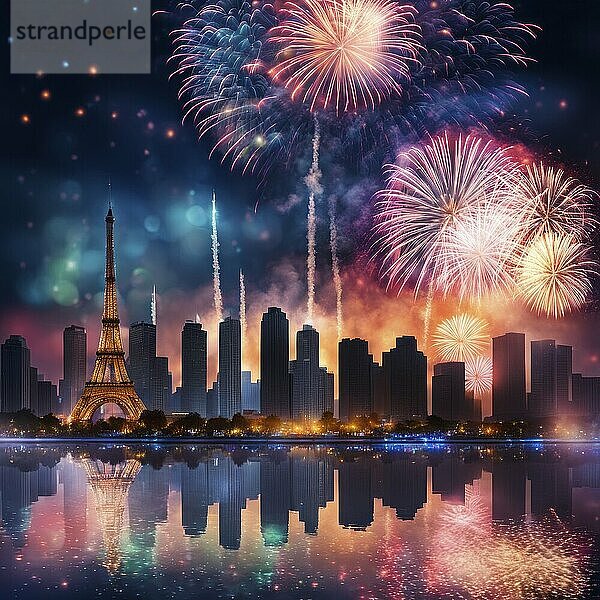 City night scene featuring the Eiffel Tower with fireworks illuminating the sky and reflecting on the water  AI generated