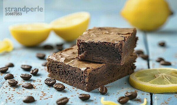 Lemon and espresso brownies on a light blue background AI generated