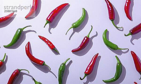 Top view of hot peppers scattered on a purple background AI generated