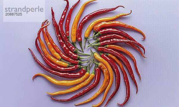 Top view of hot peppers scattered on a purple background AI generated