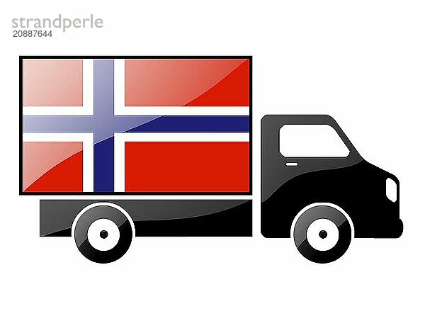 The Norwegian flag painted on the silhouette of a truck. glossy illustration