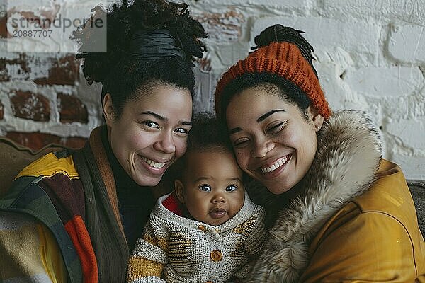 Family portrait of african american female homosexual couple with young child. Generative Ai  AI generated